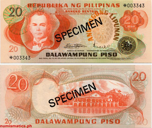 20 Piso Marcos - Licaros Specimen Franklin Mint Ang Bagong Lipunan Series Banknote