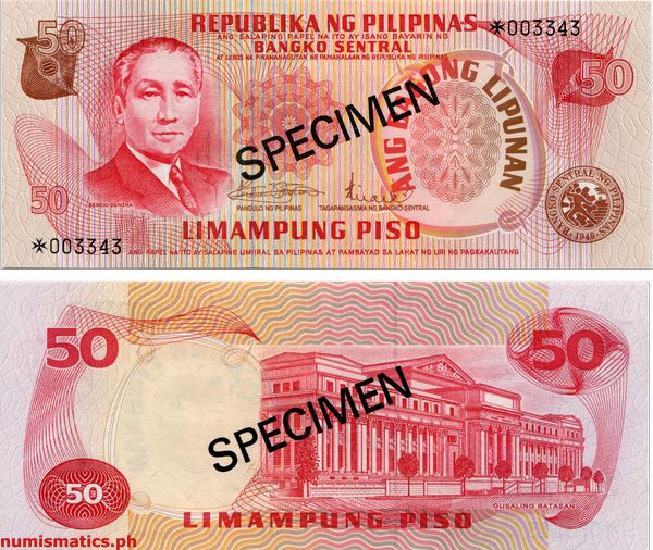 50 Piso Marcos - Licaros Specimen Franklin Mint Ang Bagong Lipunan Series Banknote