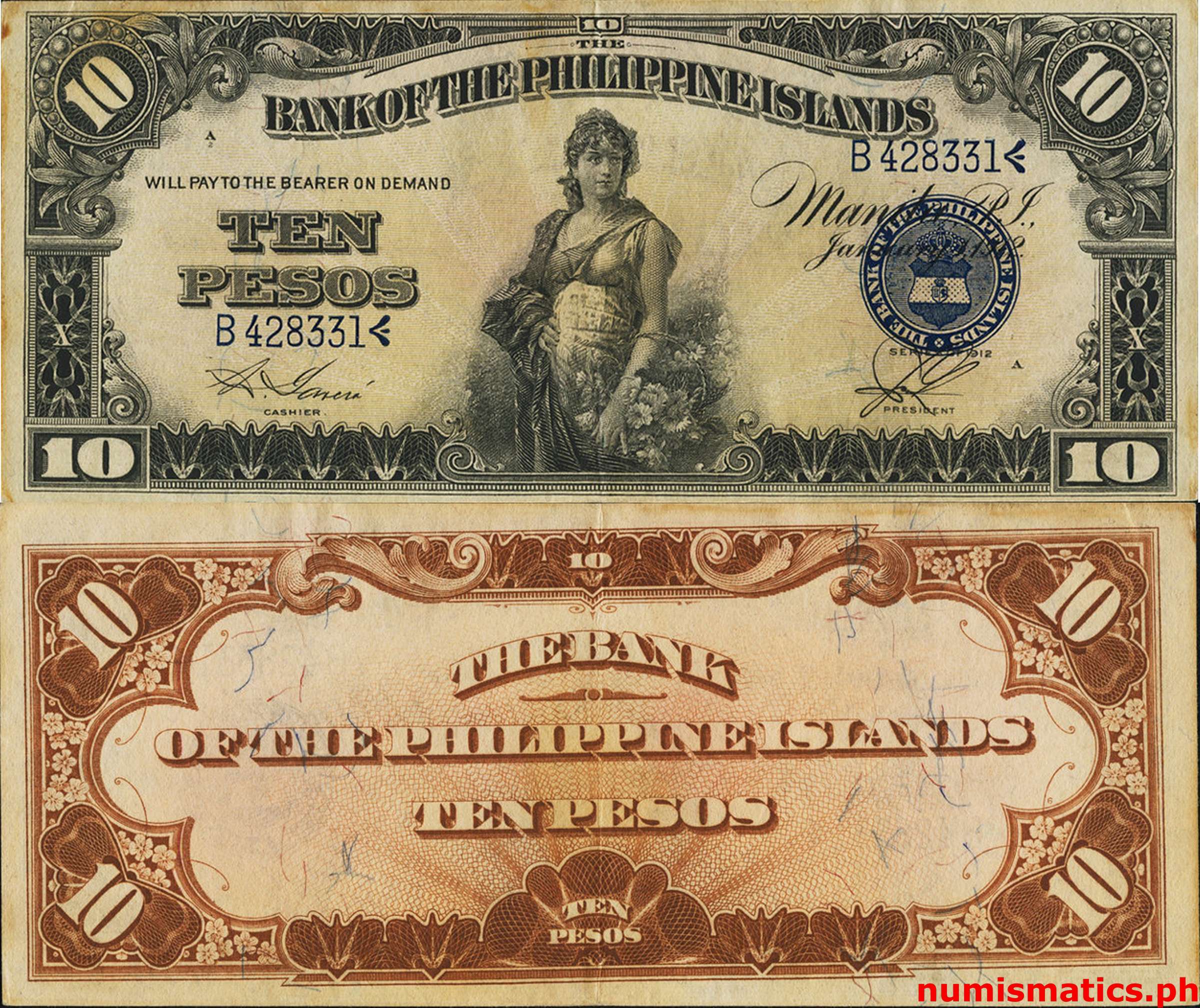 1912 10 Pesos Garcia - Sendres Bank of the Philippine Islands Circulating Note