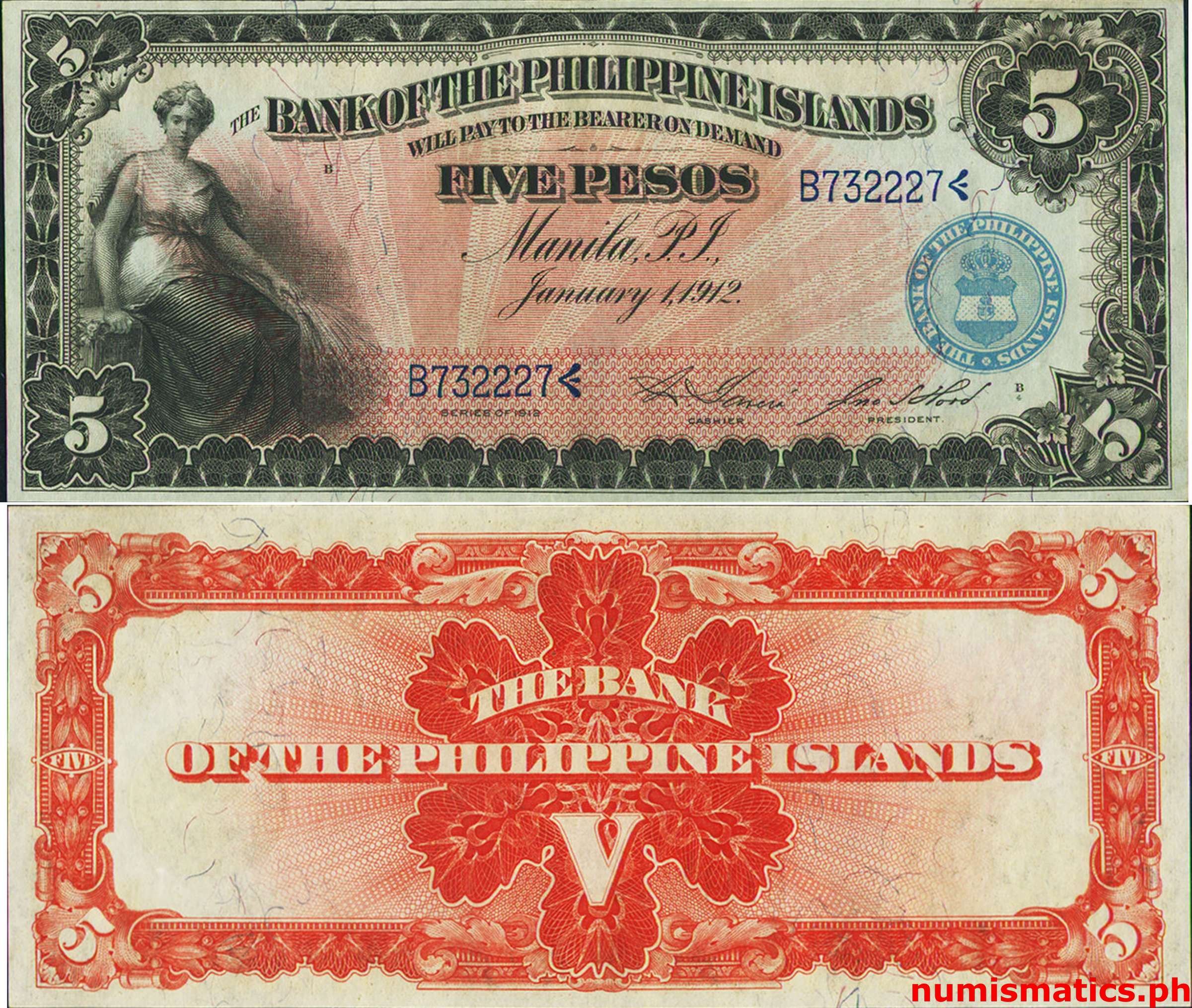1912 5 Pesos Garcia - Hord Bank of the Philippine Islands Circulating Note
