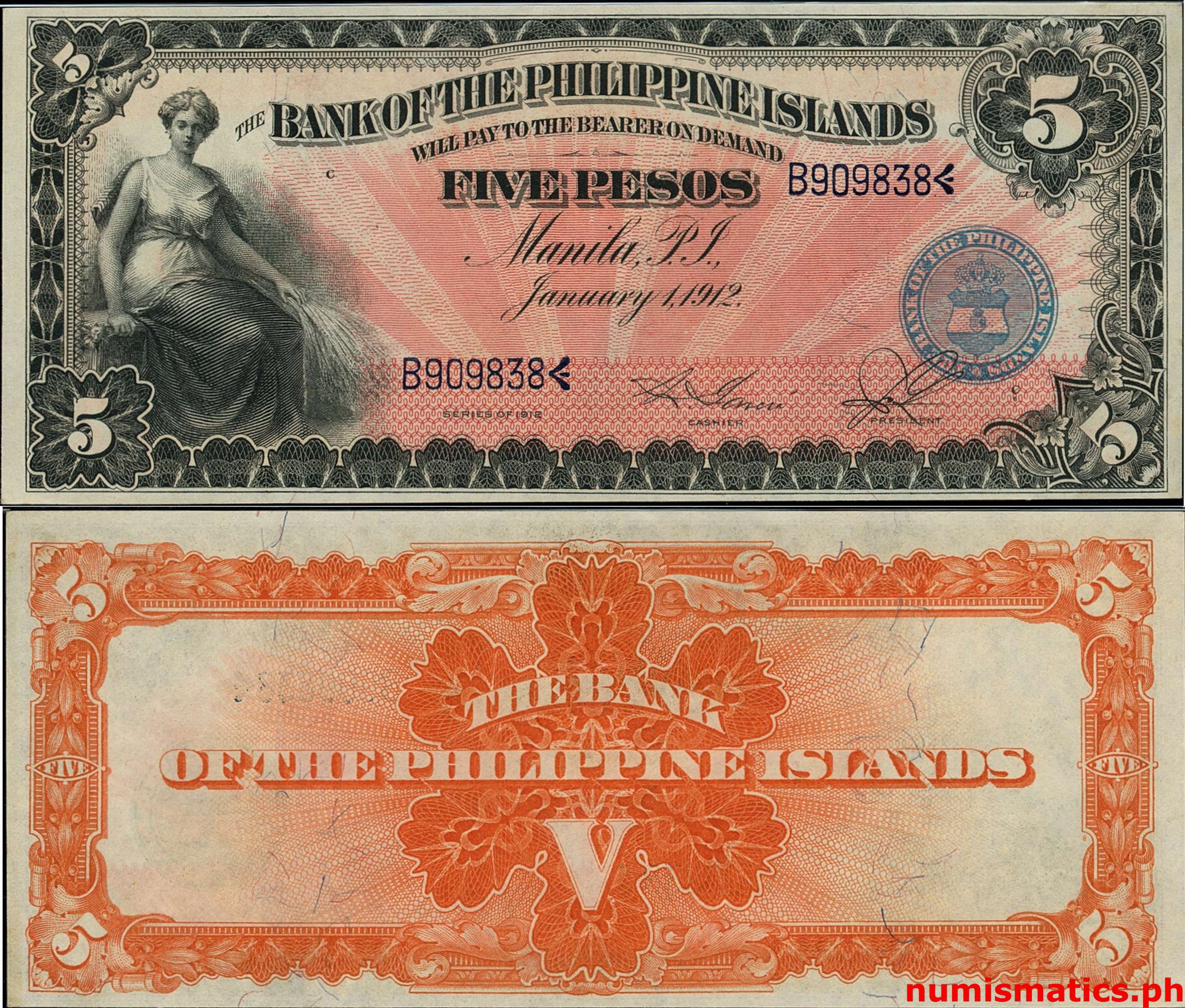 1912 5 Pesos Garcia - Sendres Bank of the Philippine Islands Circulating Note