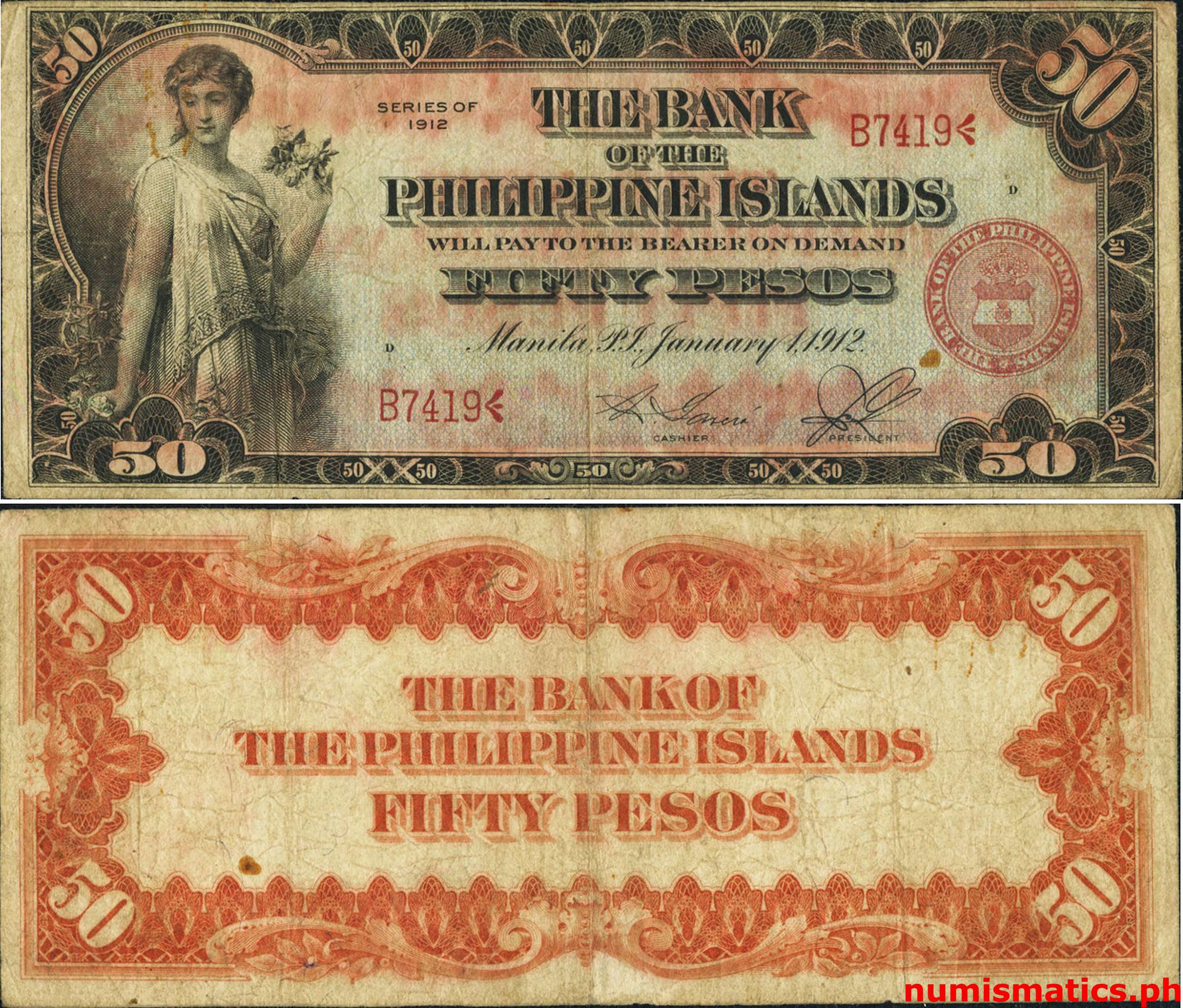 1912 50 Pesos Garcia - Sendres Bank of the Philippine Islands Circulating Note