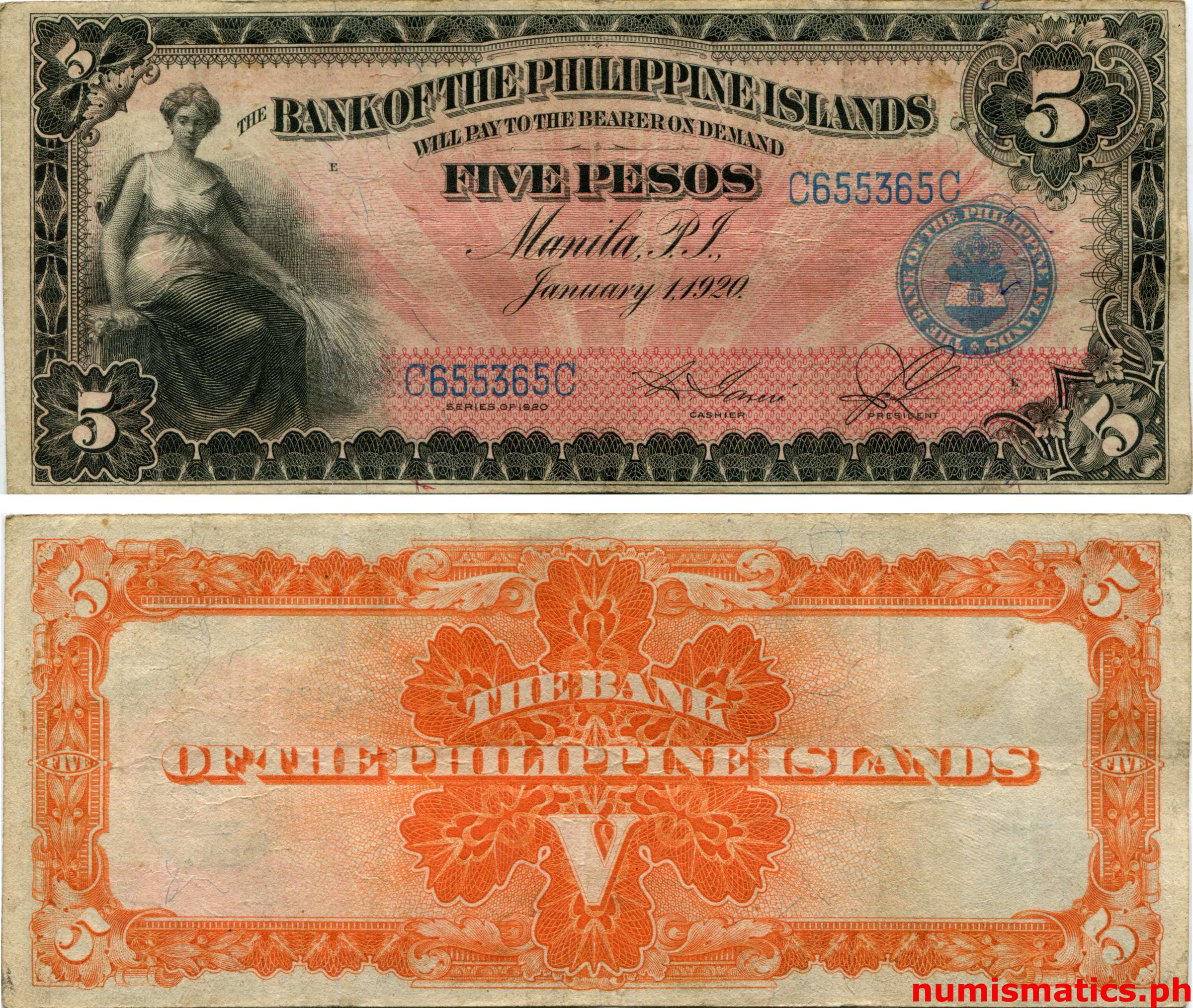 1920 5 Pesos Garcia - Sendres  Bank of the Philippine Islands Circulating Note