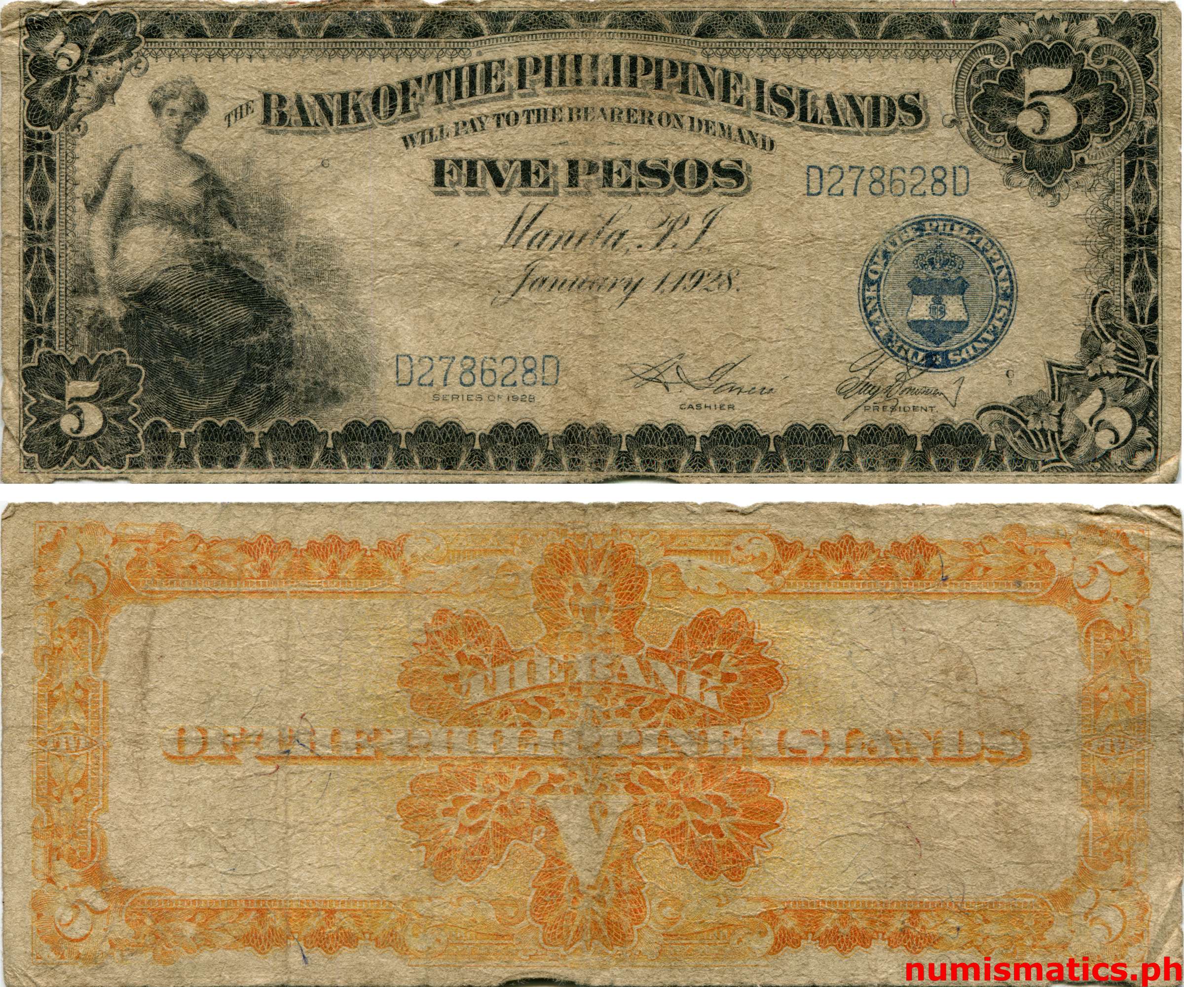 1928 5 Pesos Garcia - Borromeo Bank of the Philippine Islands Circulating Note