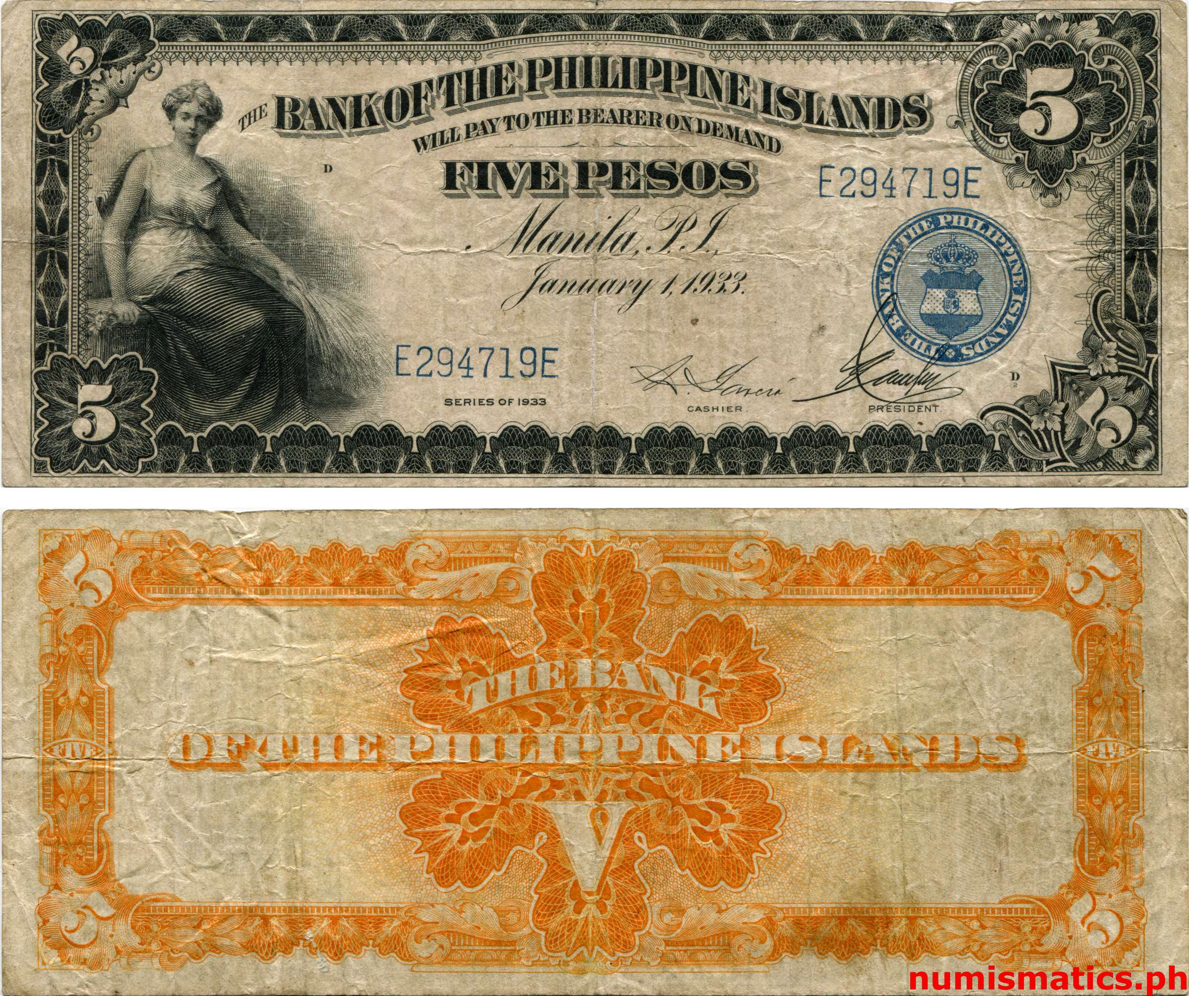 1933 5 Pesos Garcia - Campos Bank of the Philippine Islands Circulating Note
