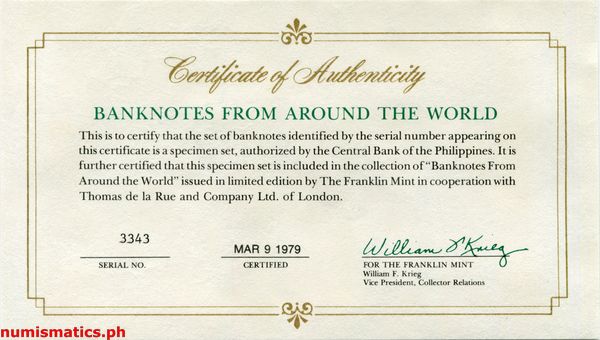 1979 The Franklin Mint Specimen Banknotes From Around The World - Philippines Banknote Set COA