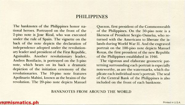 1979 The Franklin Mint Specimen Banknotes From Around The World - Philippines Banknote Set Literature