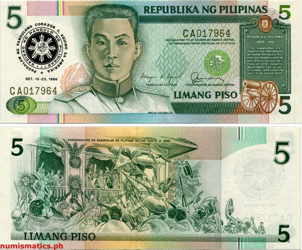 1986 5 Piso Pagdalaw ng Pangulong Corazon C. Aquino sa Amerika in Special Folder Commemorative Banknote