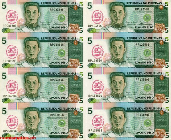 1989 5 Piso Ika-40 Anibersaryo-Bangko Sentral ng Pilipinas Uncut Sheet of 8 Commemorative Banknote Obverse