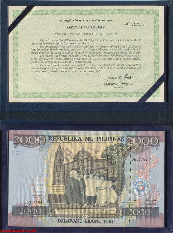 1998 2000 Piso Centennial JE Commemorative Banknote Folder Open