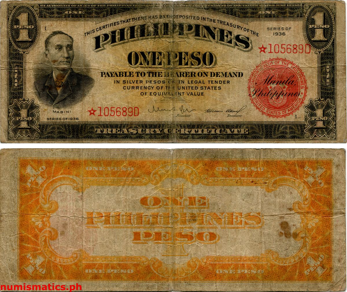 1936 1 Peso Quezon - Ramos Replacement Commonwealth Issues Treasury Certificate