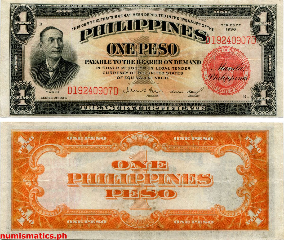 1936 1 Peso Quezon - Ramos Commonwealth Issues Treasury Certificate