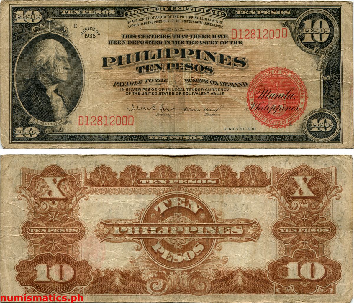 1936 10 Pesos Quezon-Ramos Regular Issue Commonwealth Issues Treasury Certificate