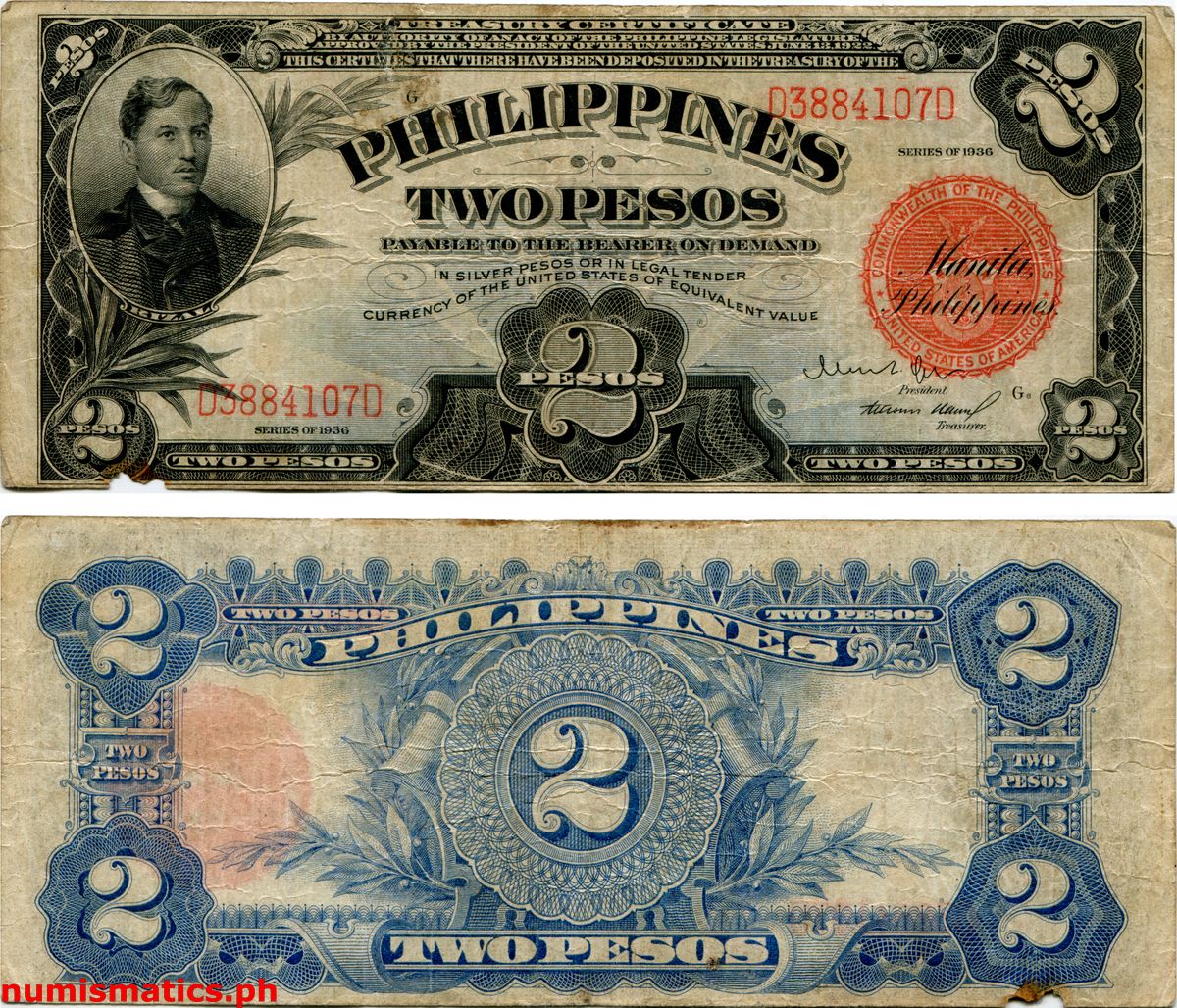 1936 2 Pesos Quezon-Ramos Commonwealth Issues Treasury Certificate