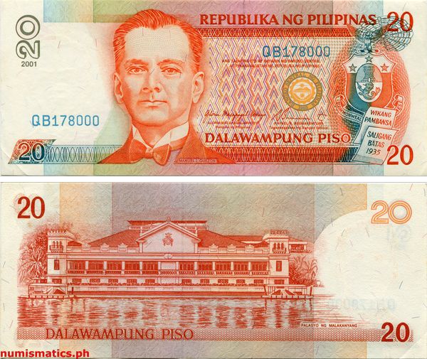 2001 20 Piso Arroyo - Buenaventura Blue Serial New Design Series Banknote