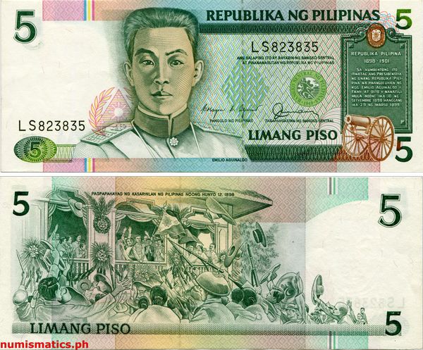 5 Piso Aquino - Fernandez Jr. Black Serial Number New Design Series Banknote