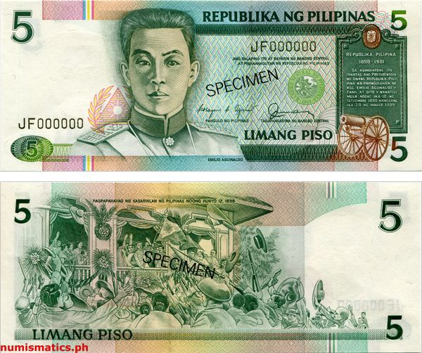 5 Piso Aquino - Fernandez Jr. Specimen Black Serial Number New Design Series Banknote