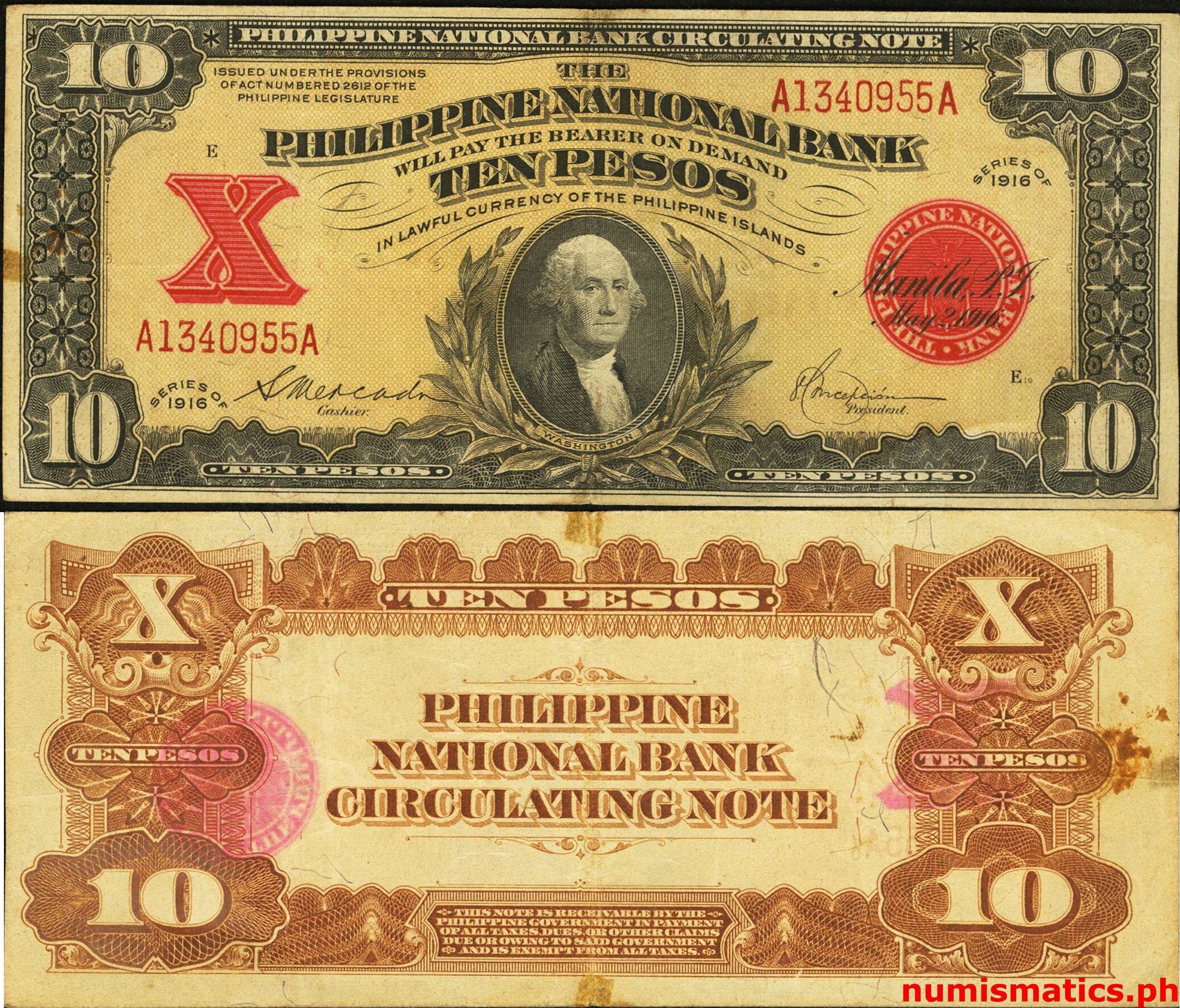 1916 10 Pesos Mercado-Concepcion Legally Issued 2 Philippine National Bank Circulating Note