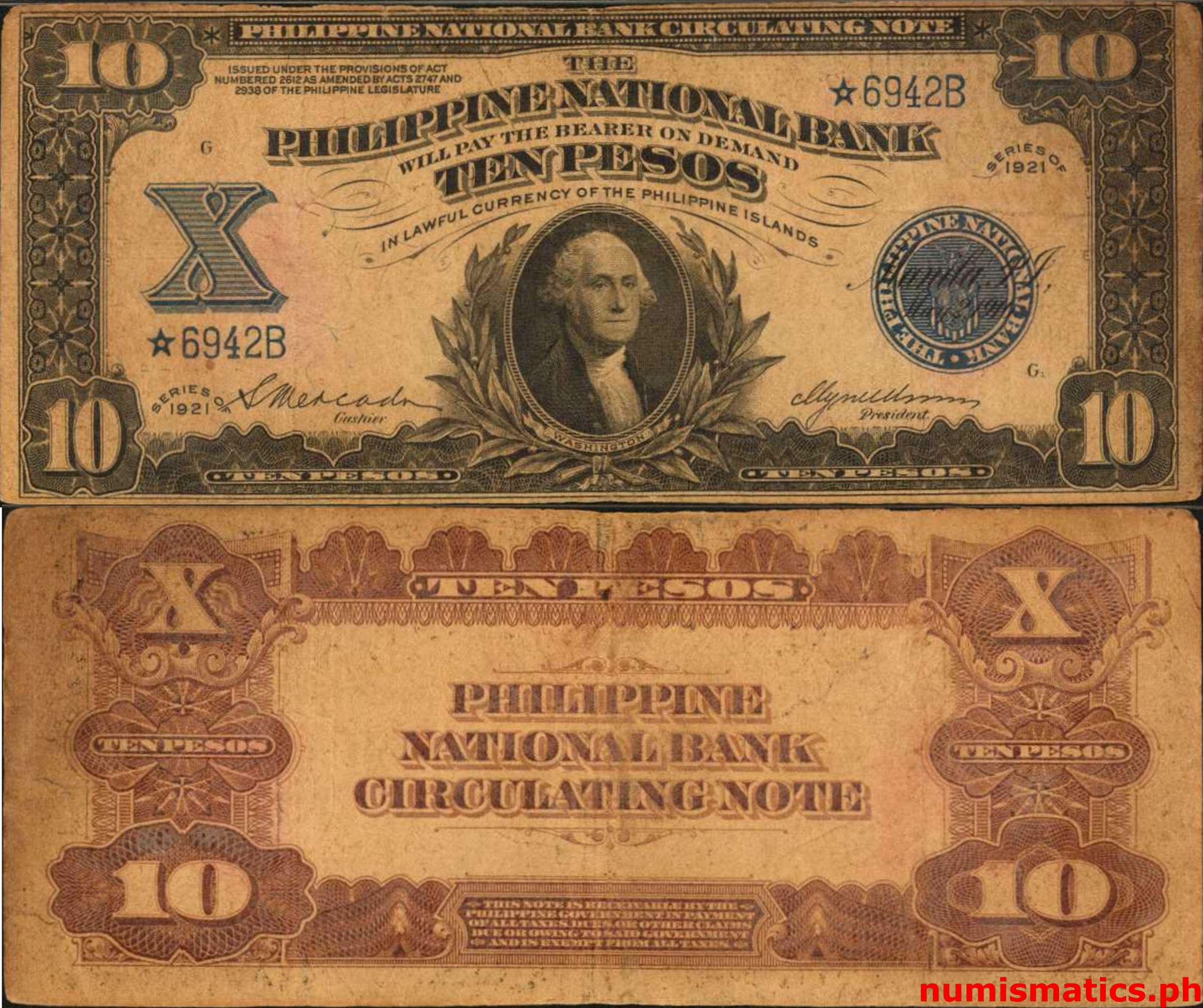 1921 10 Pesos Mercado-Unson Replacement Note Philippine National Bank Circulating Note