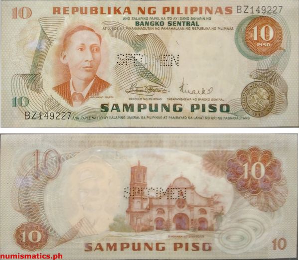 10 Piso Marcos - Licaros 2nd Issue Specimen Live Pin Perforated Pilipino Series Banknote