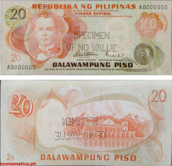 20 Piso Marcos - Licaros 2nd Issue Specimen Pin Perforated Pilipino Series Banknote