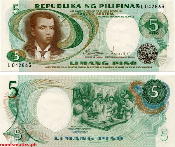 5 Piso Marcos - Licaros 1st Issue Pilipino Series Banknote