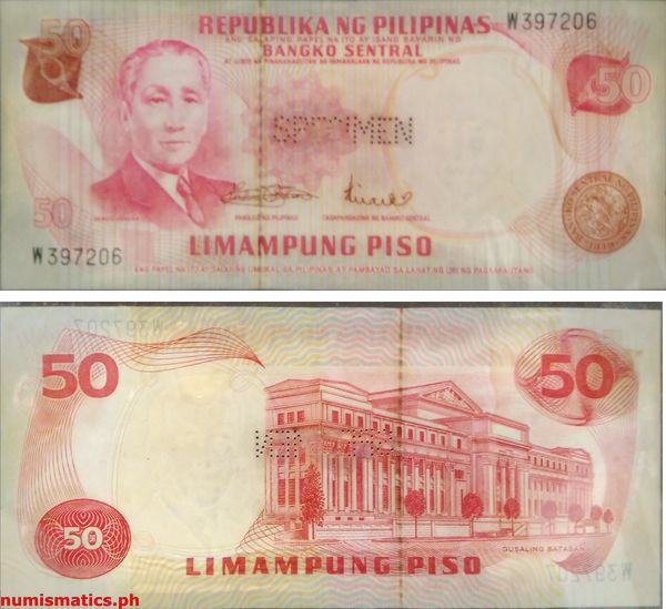 50 Piso Marcos - Licaros 2nd Issue Specimen Live Pin Perforated Pilipino Series Banknote