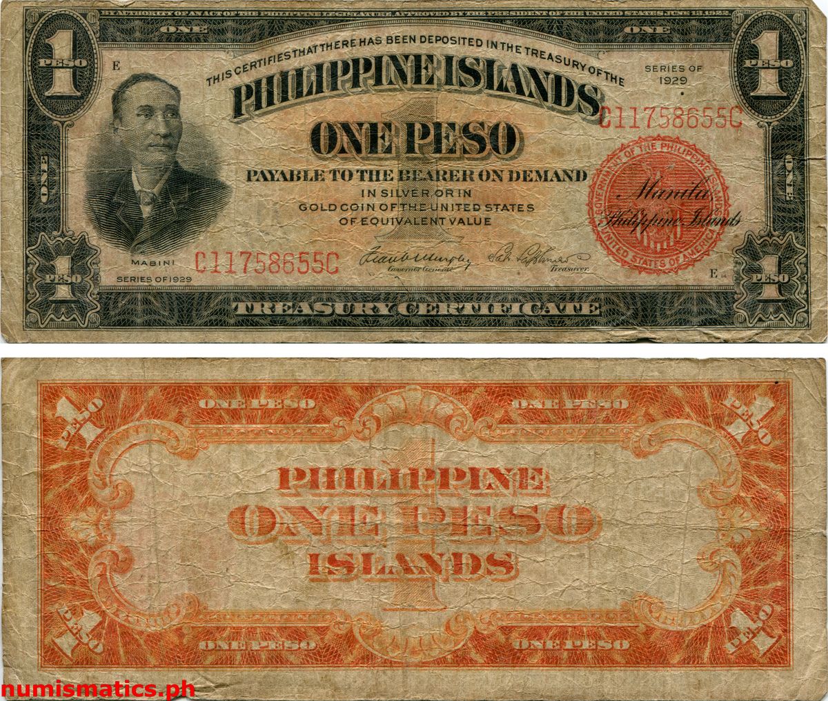 1929 1 Peso Murphy - Lagdameo Treasury Certificate