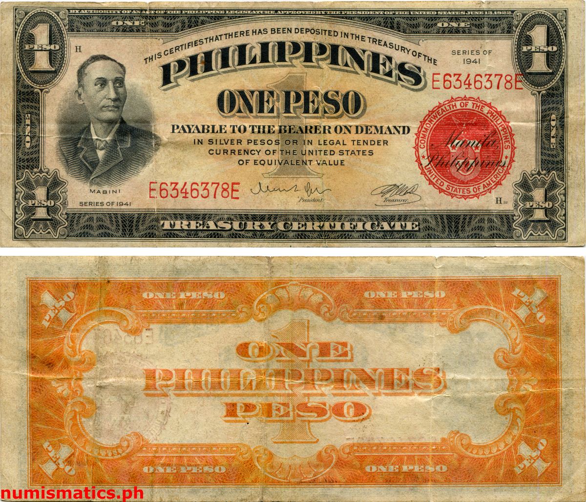 1941 1 Peso Quezon de Leon Navy Department Issue Treasury Certificate