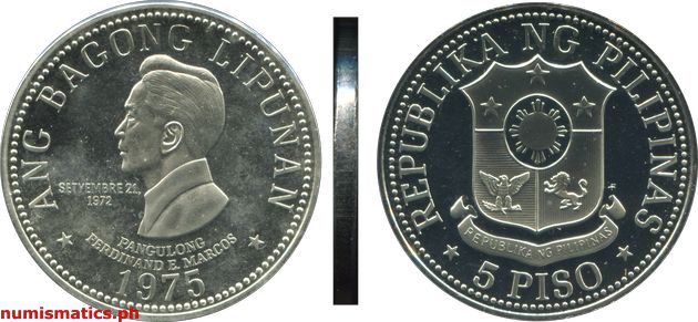 1975 FM 5 Piso Proof Ang Bagong Lipunan Series Coin