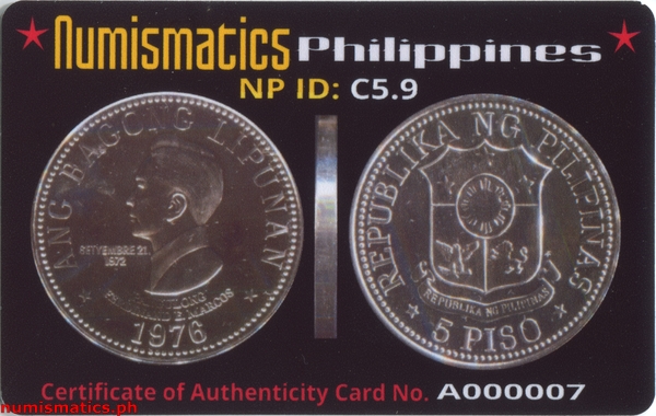 1976 FM 5 Piso Brilliant Uncirculated Ang Bagong Lipunan Coin A000007 COA Card Obverse