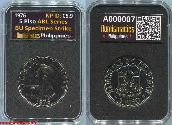 1976 FM 5 Piso Brilliant Uncirculated Ang Bagong Lipunan Coin A000007 Slab