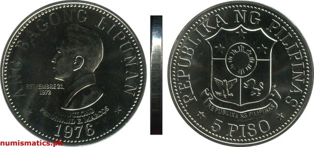 1976 FM 5 Piso Matte Ang Bagong Lipunan Series Coin
