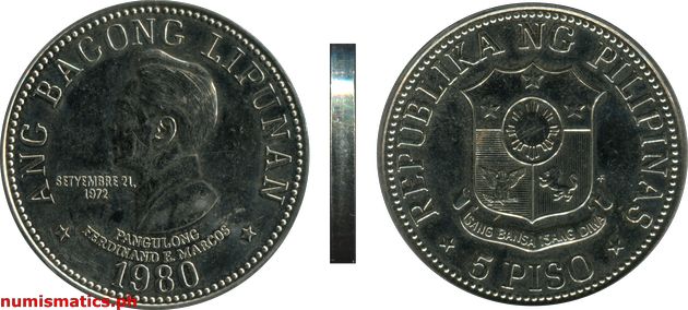1980 FM 5 Piso Brilliant Uncirculated Ang Bagong Lipunan Coin