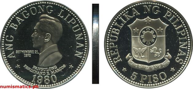 1980 FM 5 Piso Proof Ang Bagong Lipunan Series Coin