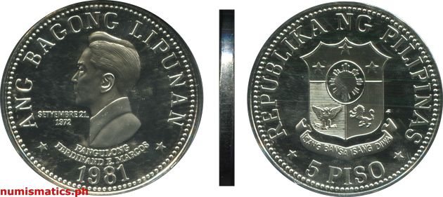 1981 FM 5 Piso Proof Ang Bagong Lipunan Series Coin