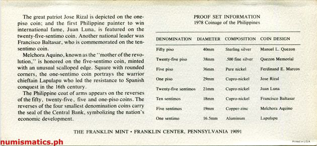 1978 (8) Manuel L. Quezon Proof Coin Set Literature 2
