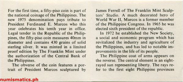 1975 50 Piso Pangulong Ferdinand E. Marcos Proof Box Type Commemorative Coin Literature 2