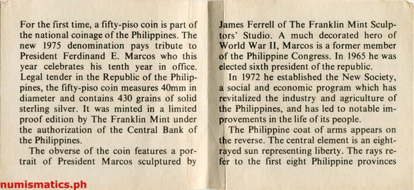 1975 50 Piso Pangulong Ferdinand E. Marcos Proof Stand Type Literature 2 Commemorative Coin Box