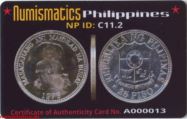 1976 25 Piso Masaganang Ani Maunlad na Buhay Brilliant Uncirculated Commemorative Coin A000013 COA Card Obverse