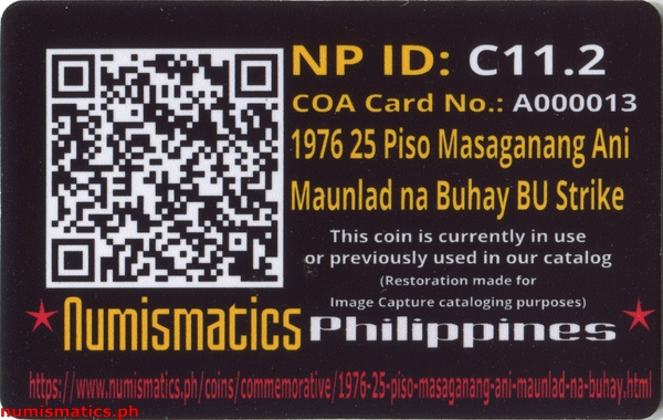 1976 25 Piso Masaganang Ani Maunlad na Buhay Brilliant Uncirculated Commemorative Coin A000013 COA Card Reverse