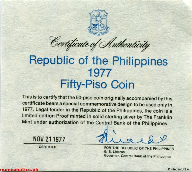 1977 50 Piso Inauguration of the Security Printing Plant and Mint Complex Proof Commemorative Coin COA