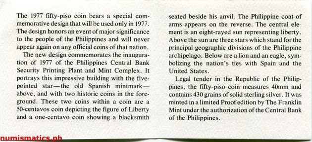 1977 50 Piso Inauguration of the Security Printing Plant and Mint Complex Proof Commemorative Coin Literature 2