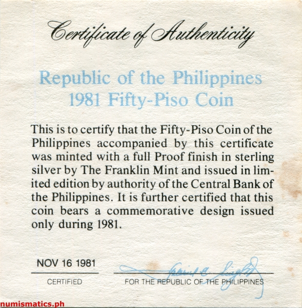 1981 50 Piso Pagdalaw ng Papa sa Pilipinas Commemorative Coin Proof Stand Type A000002 COA