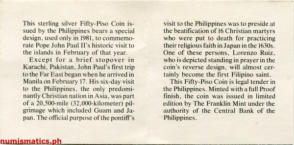 1981 50 Piso Pagdalaw ng Papa sa Pilipinas Commemorative Coin Proof Stand Type A000002 Literature 2