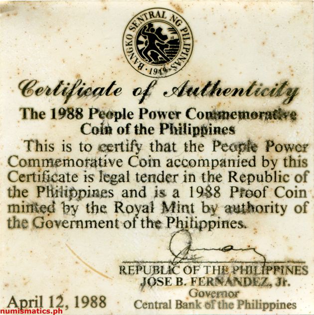 1988 500 Piso People Power Revolution Commemorative Coin COA