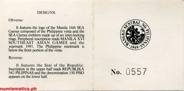 1991 150 Piso Manila XVI Southeast Asian Games Coin Literature 1