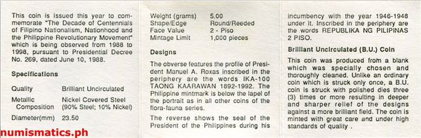 1992 2 Piso Ika 100 Taong Kaarawan Manuel A Roxas Brilliant Uncirculated Commemorative Coin Literature 2