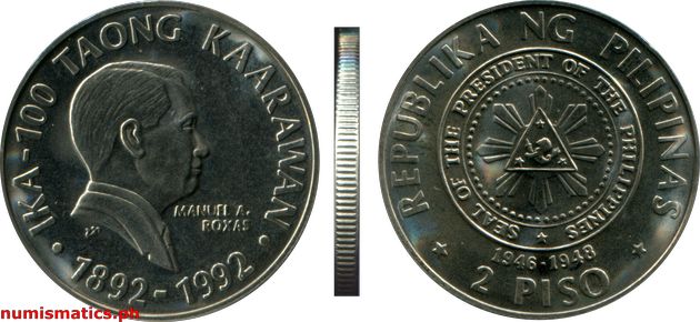 1992 2 Piso Ika 100 Taong Kaarawan Manuel A Roxas Brilliant Uncirculated Commemorative Coin