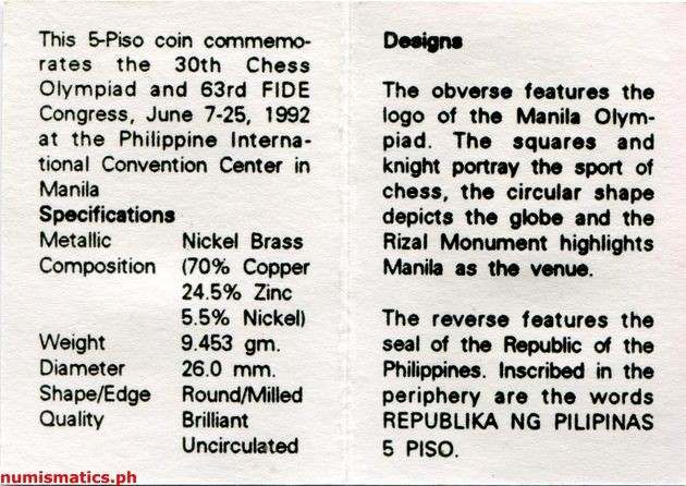 1992 5 Piso 30th Chess Olympiad Manila Commemorative Coin Literature 1